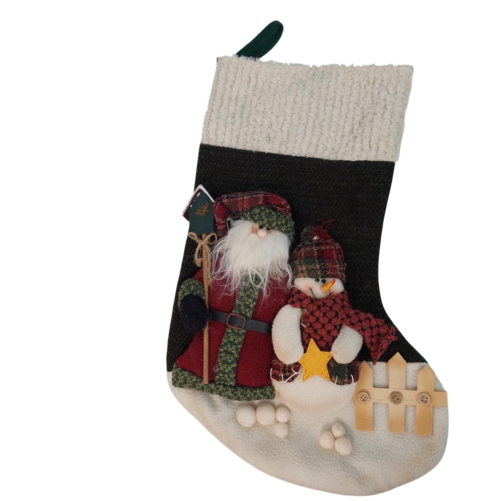 18" Christmas Stocking Santa Claus Snowman 3D Plush Knit‎ Green White Holiday